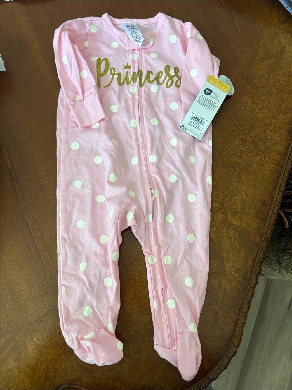 Girls Pink 'Princess' Polka Dot One-Piece Footed Sleeper